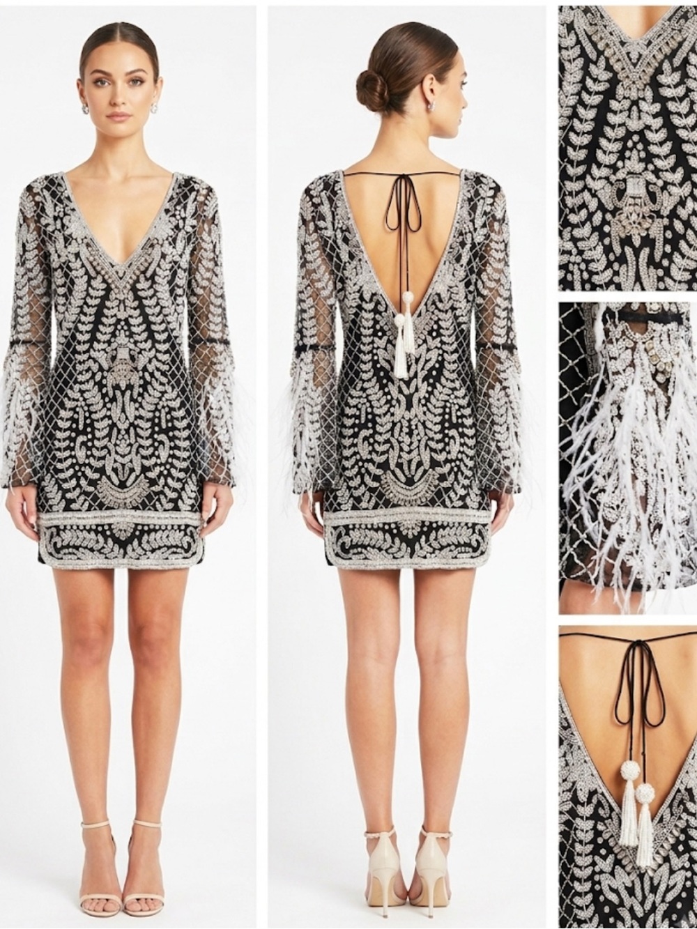 Alberto Makali Black & Silver Beaded V-Neck Mini Dress